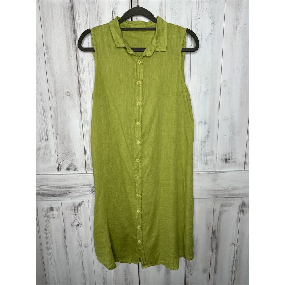 WOMENS CP SHADES LIME GREEN 100% LINEN BUTTON UP AIRY SLEEVELESS SHIRT DRESS XS
